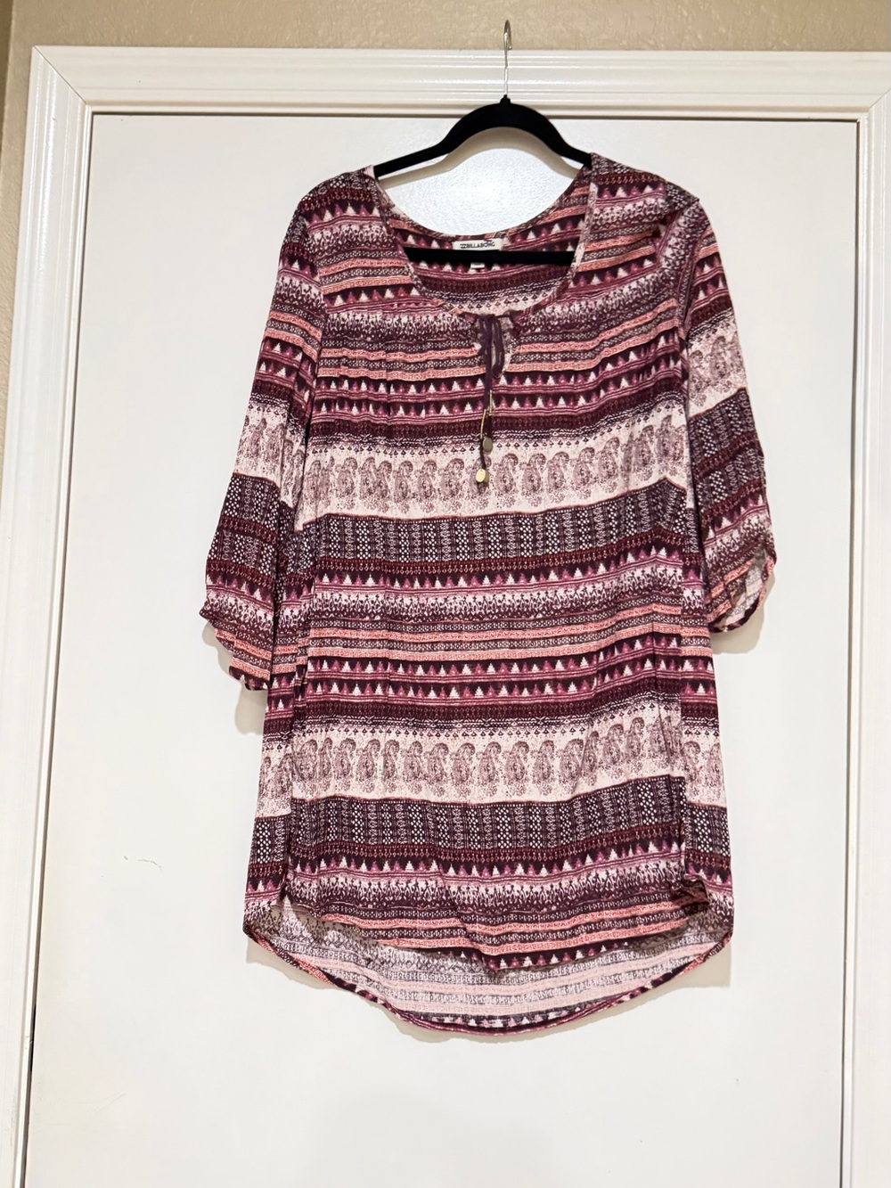 Billabong Boho Stripe Peasant Blouse - Burgundy and Pink